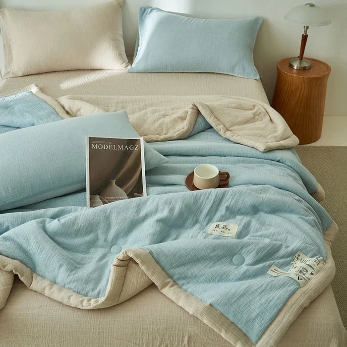 Class A fiber double-layer yarn soybean fiber summer quilt 4-piece set wrinkled yarn air conditioner quilt thin washable quilt