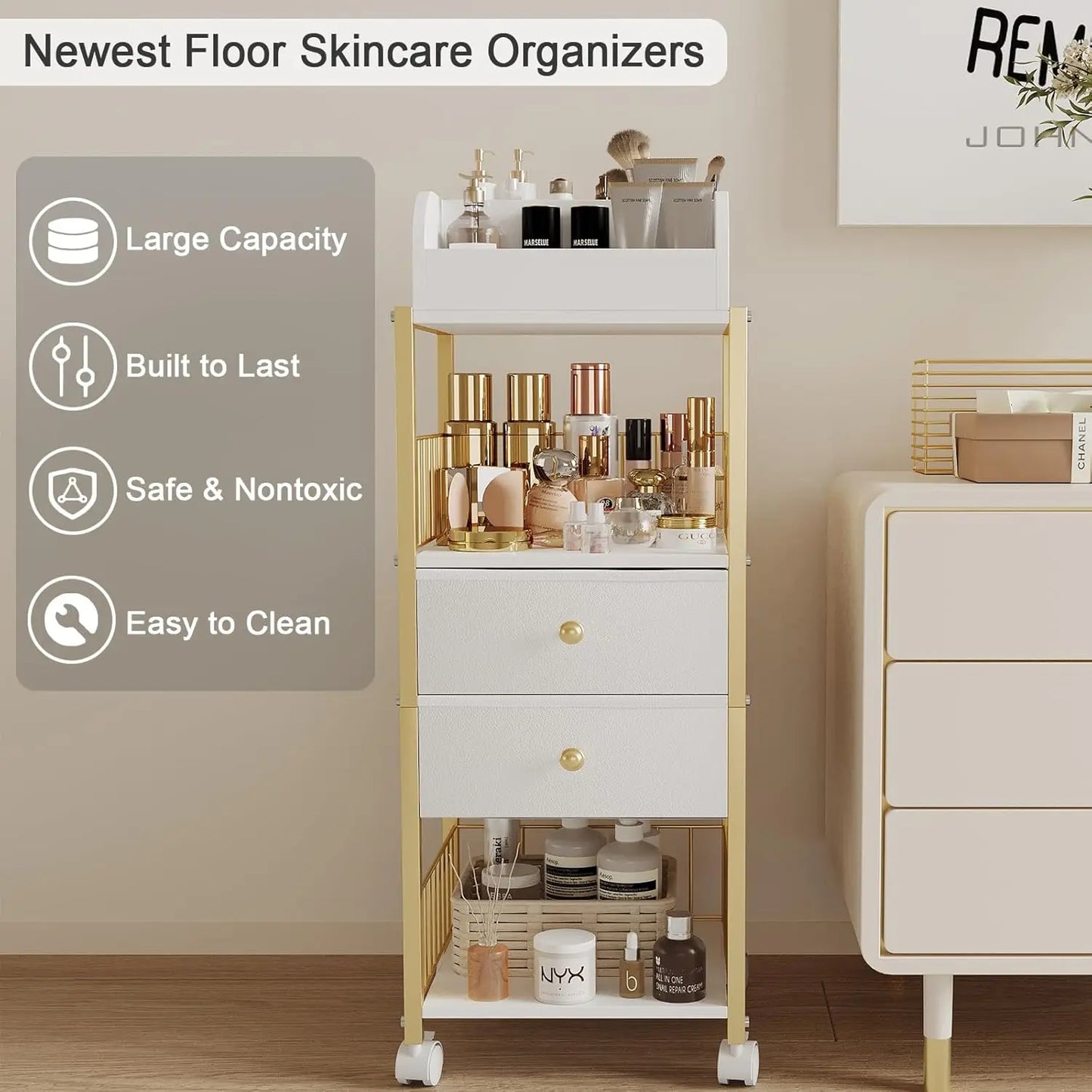 Makeup Organizer Storage Cart, Large Skincare organizers, Makeup Stand with Drawers, Makeup Vanity Organizer Cosmetics Display