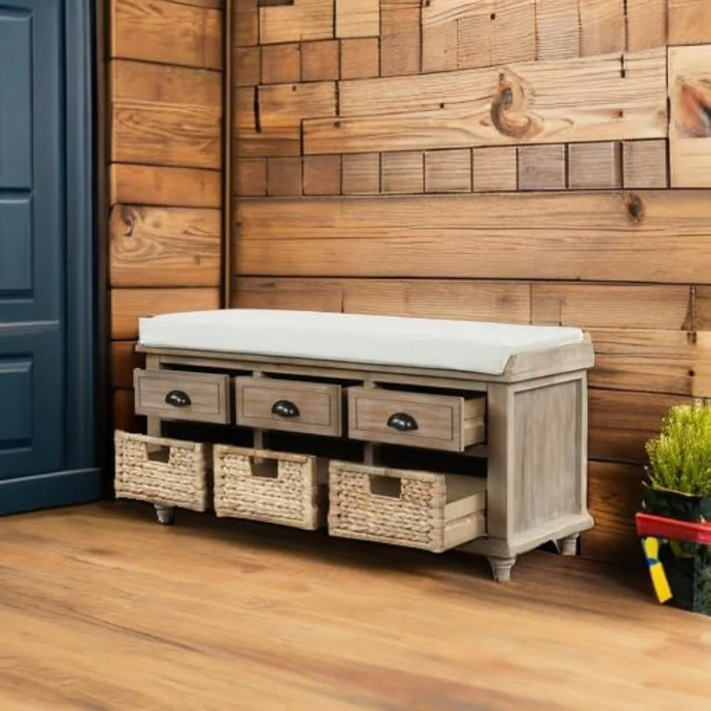 SOFTSEA Wood Storage Bench with 3 Drawers, 3 Rattan Baskets, Rattan Entryway Bench with Removable Cushion Home Organizer Bench(W