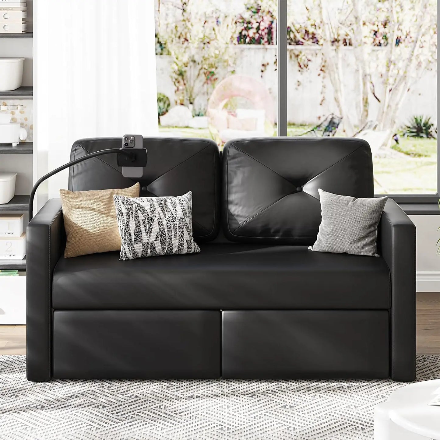 Vabches Leather Loveseat Sofa 2-Seater Sofa with Charging Ports&Storage Comfy Solid Wooden Frame Couches for Living Room Bedroom