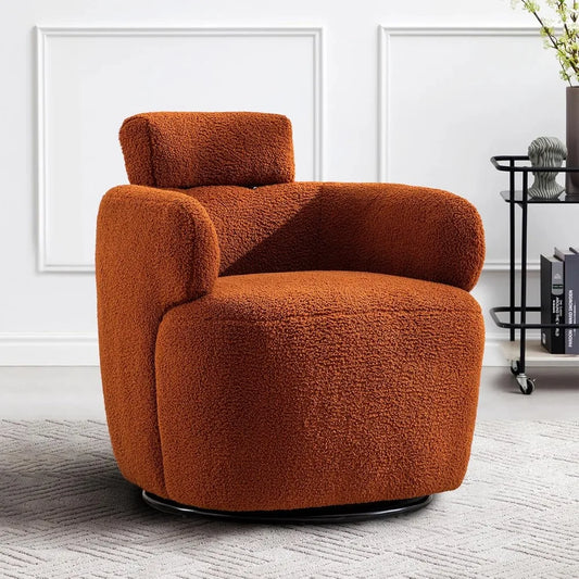 Small Swivel Accent Chair, 360°Barrel Boucle Round Modern Armchair,Tufted Upholstered Single Sofa Chair with Adjustable Headrest