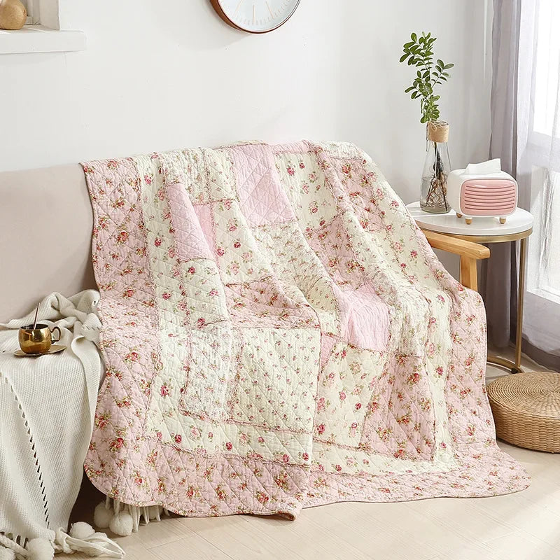 Floral Cotton Quilt Blanket Twin Size 150x200cm Patchwork Bedspread Lightweight Summer Coverlet Sofa Cover All-Season Home Decor
