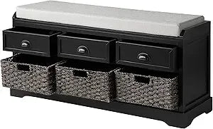 SOFTSEA Wood Storage Bench with 3 Drawers, 3 Rattan Baskets, Rattan Entryway Bench with Removable Cushion Home Organizer Bench(W