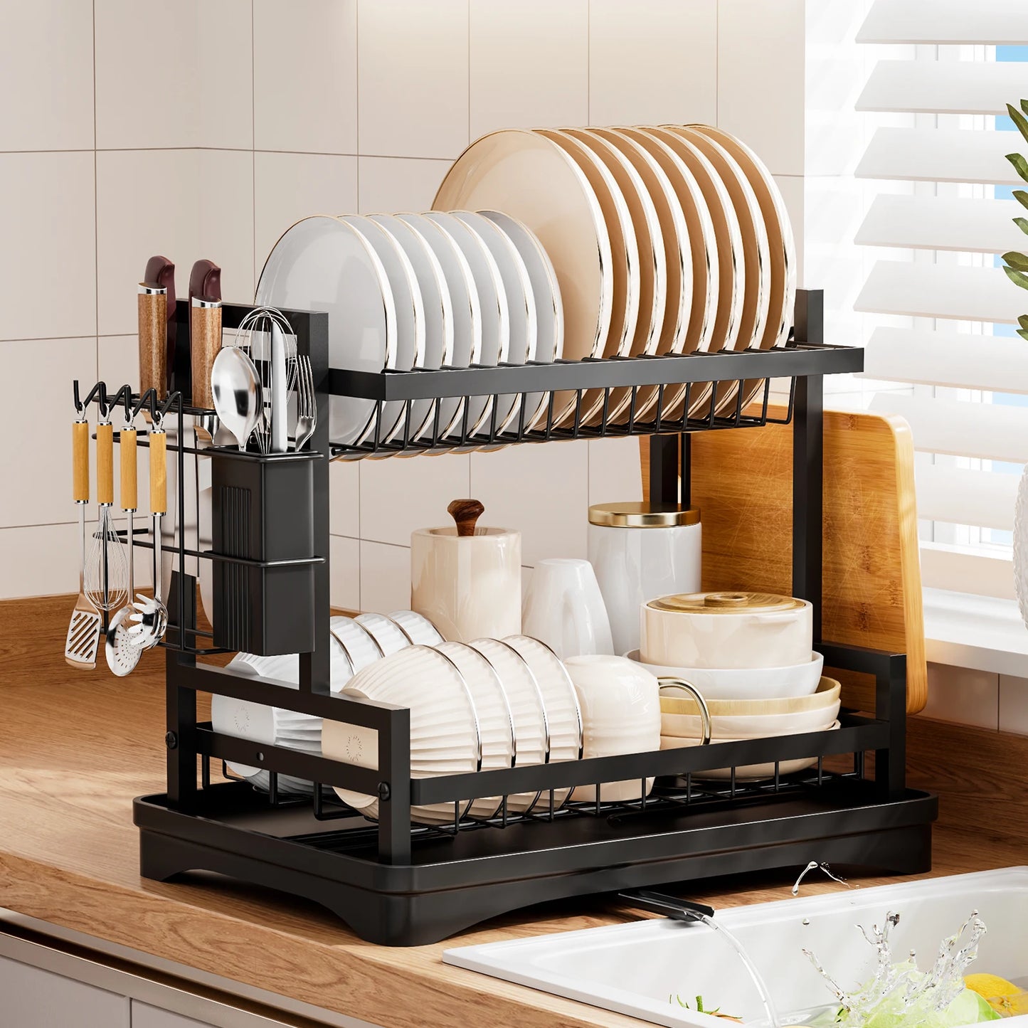 Dish Drying Rack，Kitchen organizers and storage,2-Tier Kitchen Organizers and Storage for Dishes, Bowls, Cutlery, Black