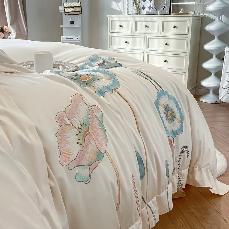 Chic Embroidery Blooming Beige Duvet Cover set 100%Cotton Soft Comfy Beddng set Bed Sheet Pillowcases Double Queen King 4Pcs