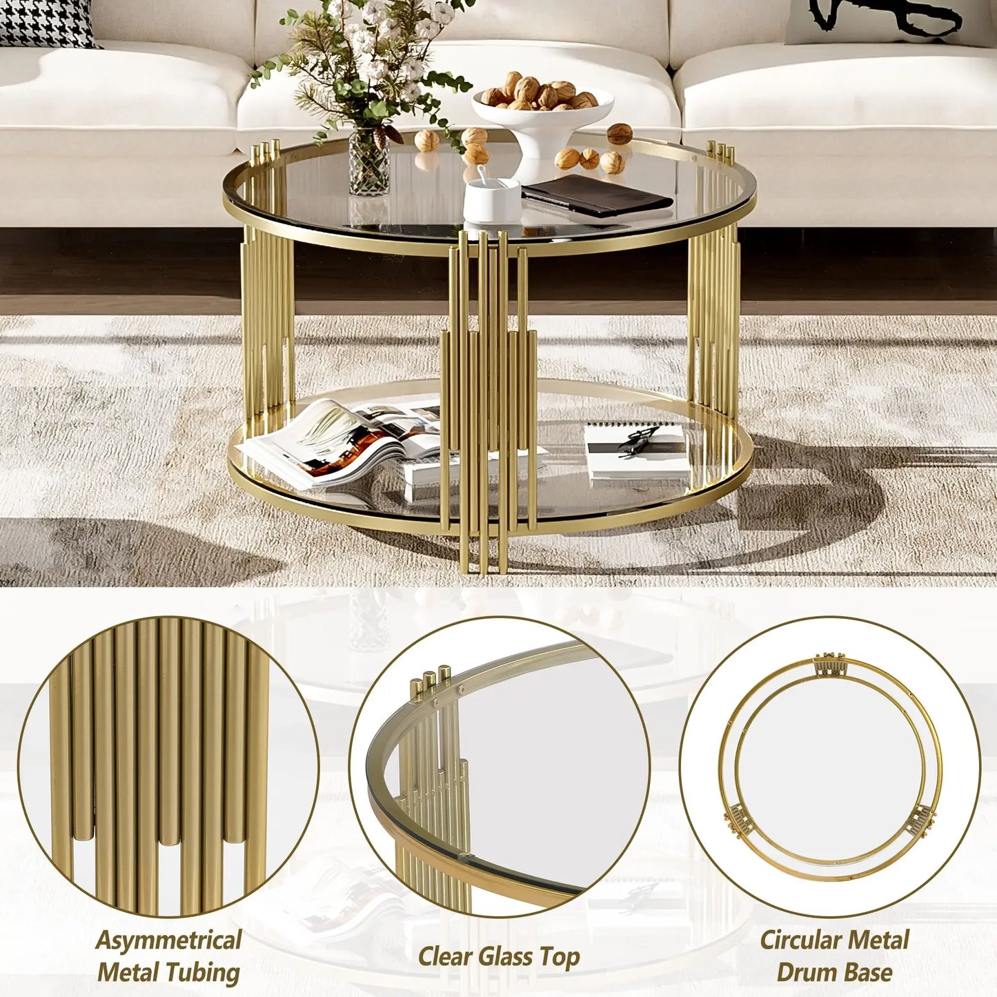 Modern Glass Coffee Table in 31.5", Asymmetrical Metal, Circular Metal Drum Base, Gold Finish & Lower Shelf,Café Tables