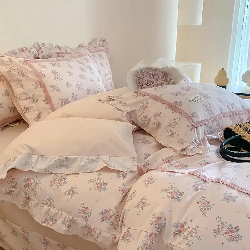 100% Cotton Spring Garden Flowers Botanical Chic Ruffles Soft Comfortable Double Queen (1Duvet Cover+1Bed Sheet+2Pillowcases)