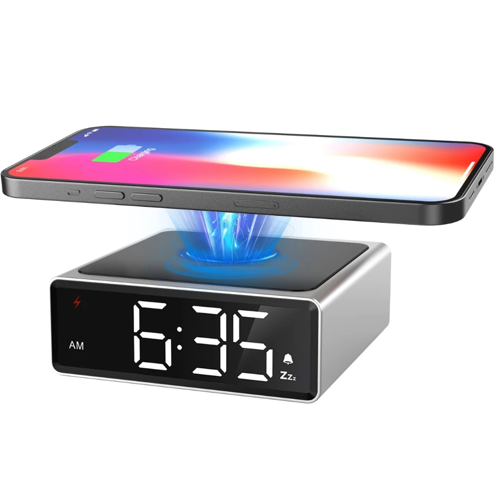 2025 Wireless Chargers Alarm Clock Fashion Bedroom Desktop Time Alarm Clock LED Digital Alarm Clock Phone Fast Charging Clock