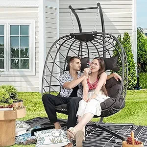 Double Egg Chair Outdoor Indoor, Oversized 2 Person Swing with Stand, All-Weather Wicker Hanging Loveseat, 700 LBS Heavy Duty P