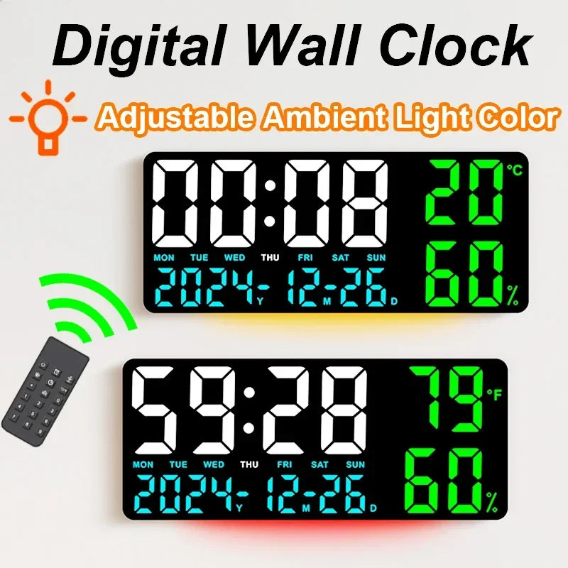 Large digital LED mood light wall clock with remote control temperature and humidity display alarm multi-functional alarm clock