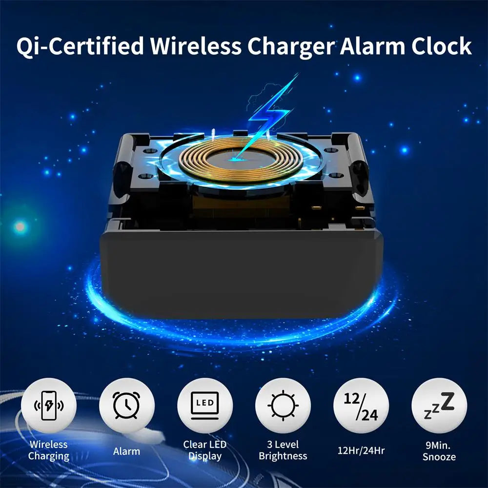 2025 Wireless Chargers Alarm Clock Fashion Bedroom Desktop Time Alarm Clock LED Digital Alarm Clock Phone Fast Charging Clock