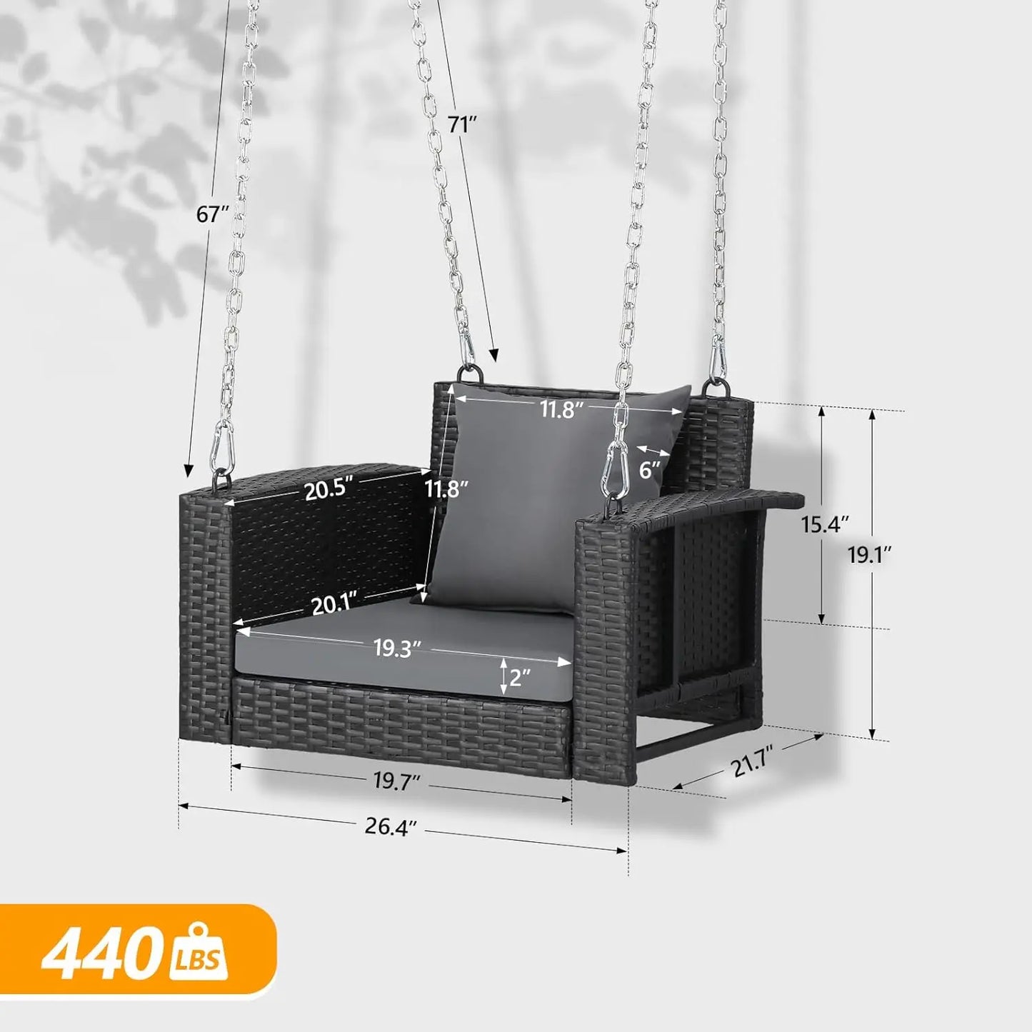 2.2 FT 1-Person Use Rattan Porch Swing Outdoor Support 440 LBS with Cushions&Adjustable Chains, Patio Wicker Swing Bench Chair