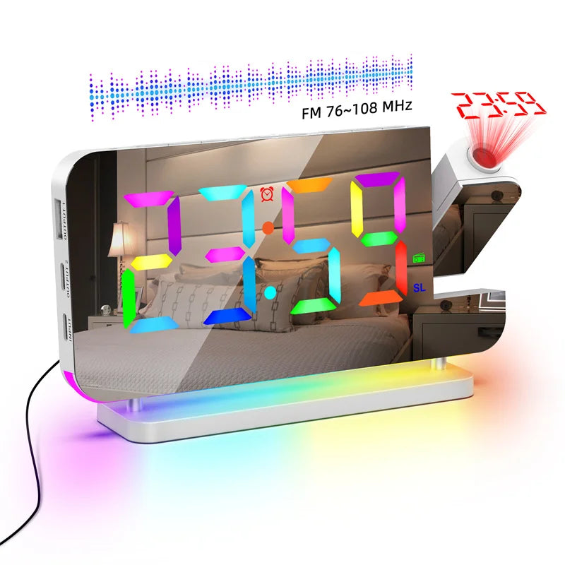 FM Radio 180° Projection Alarm Clock RGB With RGB Night Light 6 Levels Brightness Dual USB Output Port 12H/24H Digital LED Clock