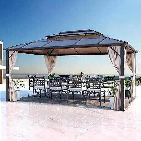 12'x16' Gazebo Polycarbonate Double Roof Pavilion Gazebo Outdoor Aluminum Frame Canopy with Netting and Curtains for Garden Pat