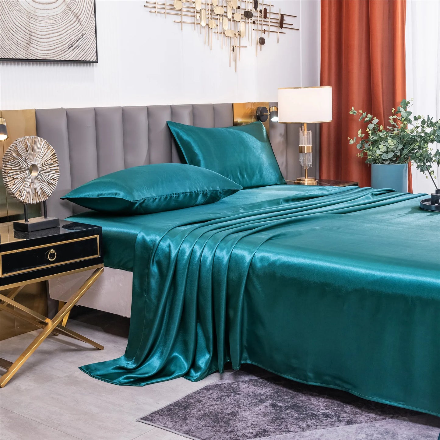 Home Living Luxury Smooth 3pcs Bedding Sets Solid Satin Pillow Case Flat Seet Fitted Sheet King Size Bedding Sets For Bedroom