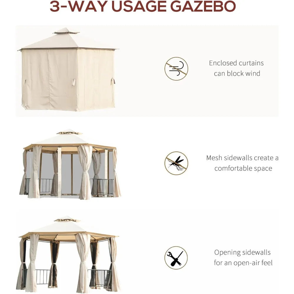 13' x 13' Patio Gazebo, Double Roof Hexagon Outdoor Gazebo Canopy Shelter with Netting & Curtains, Solid Steel Frame for Garden