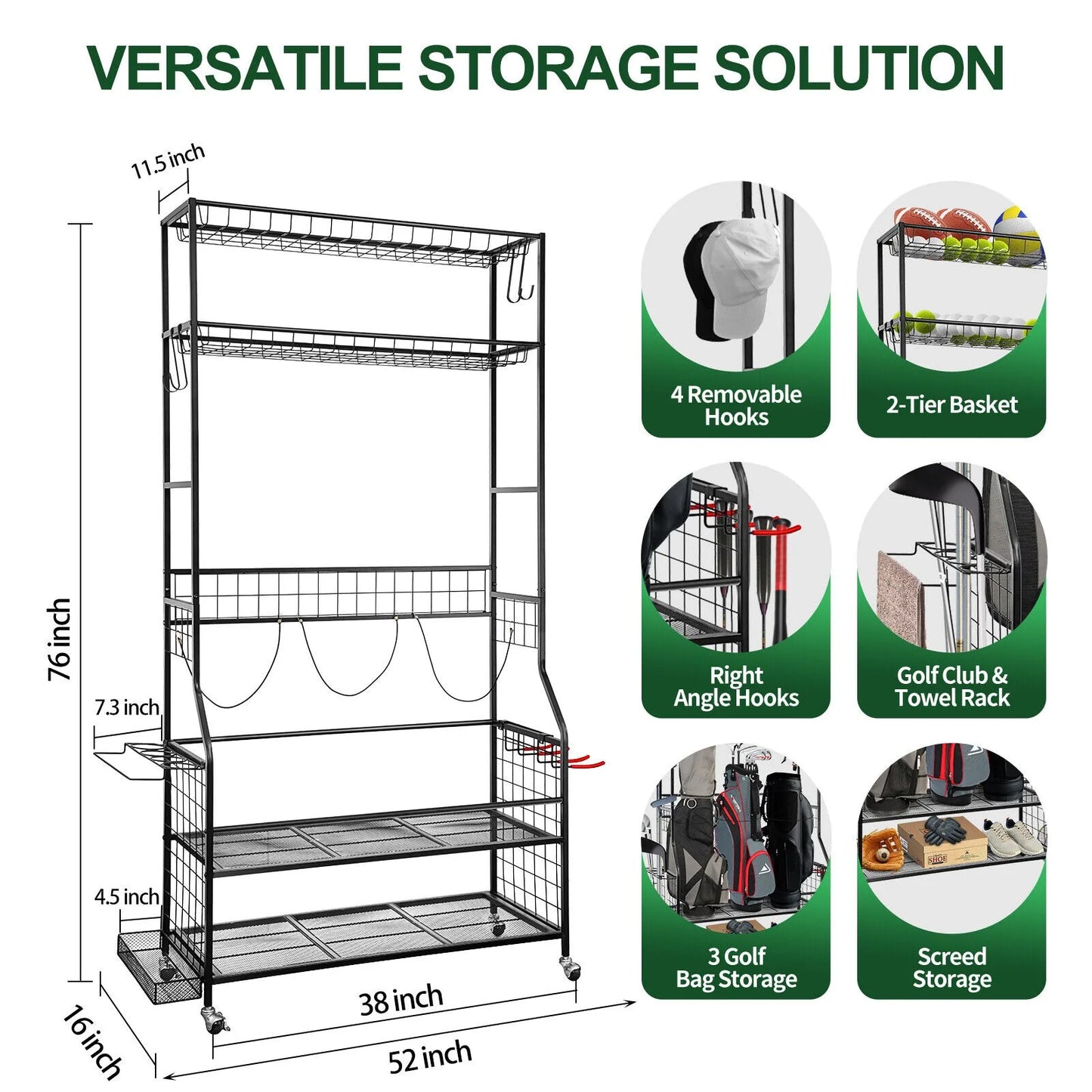 Golf Bag Storage Garage Organizer Fit for 3 Golf Bag Multifunction Home Storage Stand Holder for Sport Equipment organizers Rack