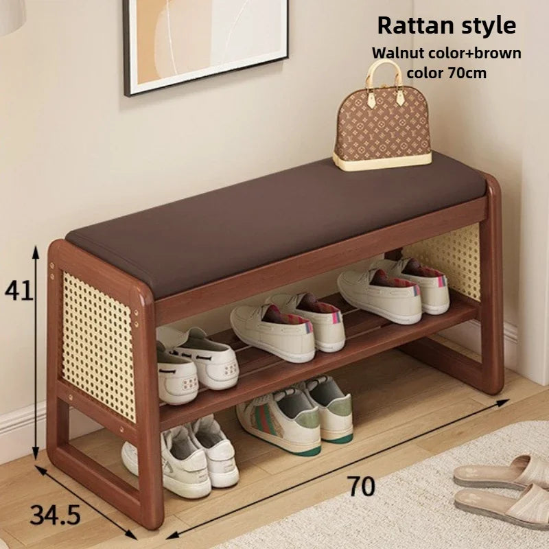 Teng woven shoe changing stool, entrance door, home door, multi-layer storage, solid wood, can sit on shoe stool