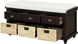 SOFTSEA Wood Storage Bench with 3 Drawers, 3 Rattan Baskets, Rattan Entryway Bench with Removable Cushion Home Organizer Bench(W