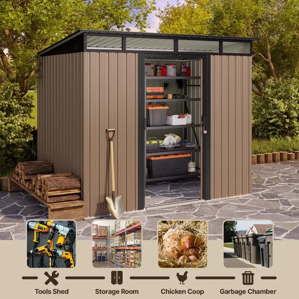 Outdoor Storage Shed Metal Garden Shed with Sliding Lockable Doors, Versatile Tool Bike Shed with Transparent Panel Windows