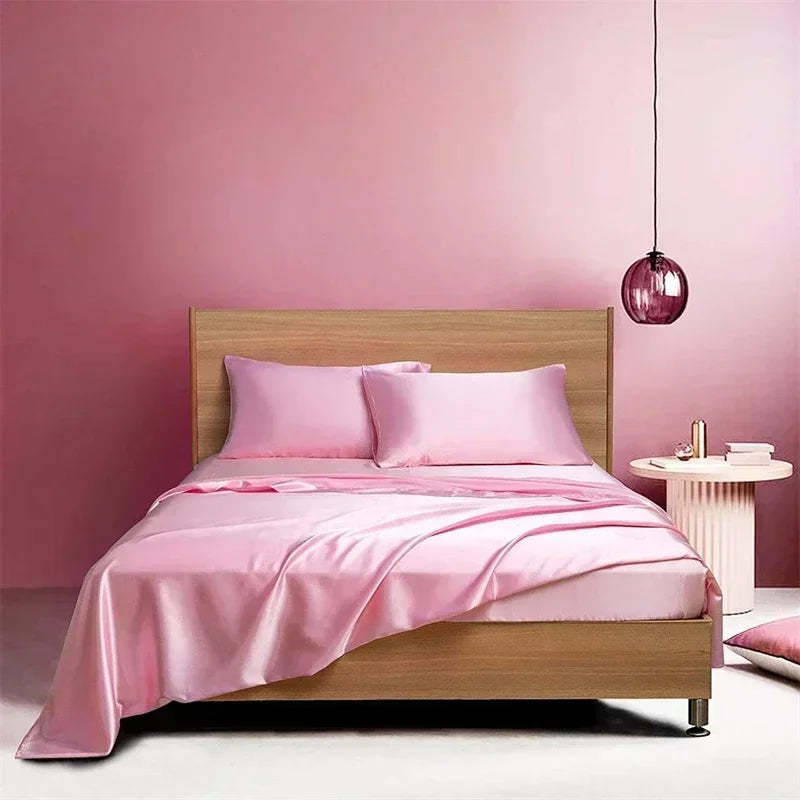 High End Satin Fabric Queen Size Bed Sheet Set Luxury Grade A Bed Linen Set Solid Silky King Size Bed Cover Set Bedsheet Sets