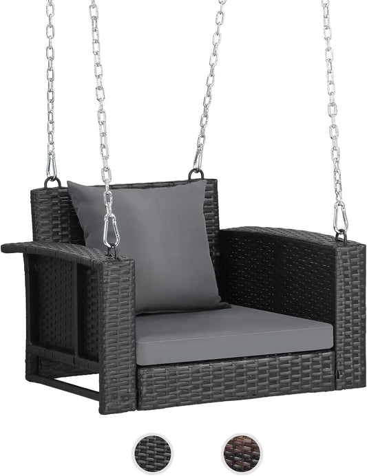 2.2 FT 1-Person Use Rattan Porch Swing Outdoor Support 440 LBS with Cushions&Adjustable Chains, Patio Wicker Swing Bench Chair