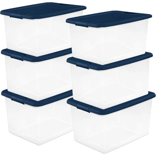 6-Pack Color Program, Large Clear Plastic Storage Bins with Lids, 64 Quart, Blue - Stackable Organizing Container Boxes for Clo