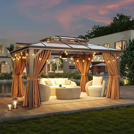 10'x12' Hardtop Gazebo, Aluminum Frame Permanent Pavilion with Curtains and Netting, Outdoor Polycarbonate Double Roof Canopy,