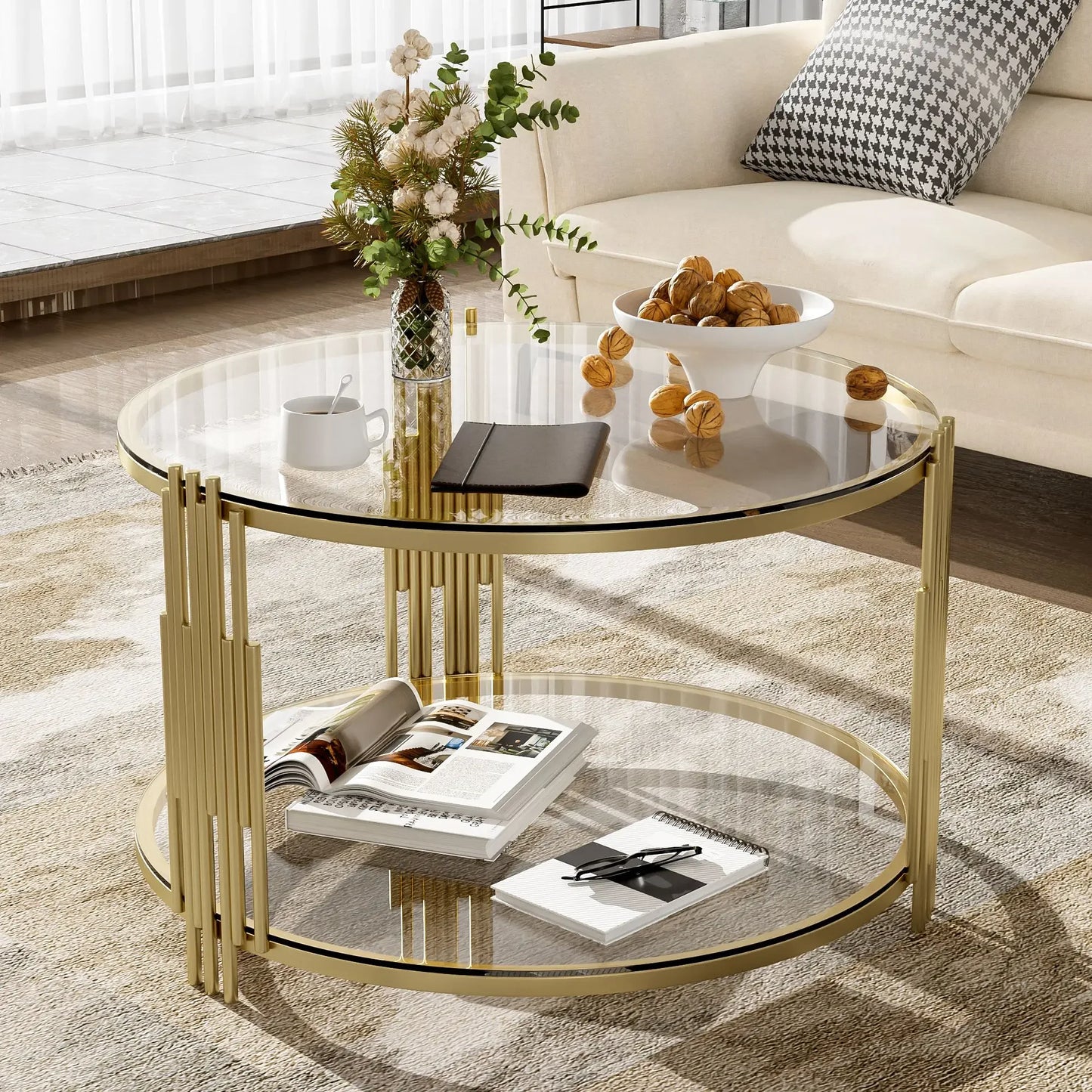 Modern Glass Coffee Table in 31.5", Asymmetrical Metal, Circular Metal Drum Base, Gold Finish & Lower Shelf,Café Tables