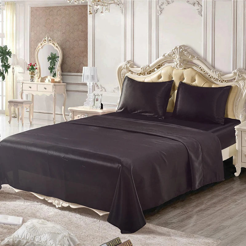 Home Living Luxury Smooth 3pcs Bedding Sets Solid Satin Pillow Case Flat Seet Fitted Sheet King Size Bedding Sets For Bedroom