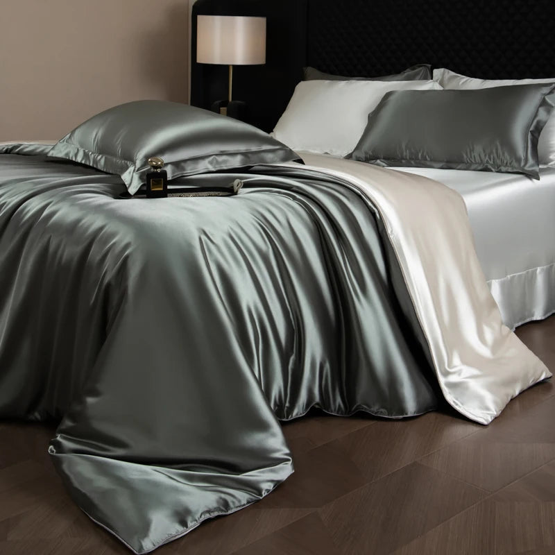 Silk Bed Sheets Set Luxury Bedding Set with Duvet Cover Fitted/Flat Bedheet Pillowcases Mixed with Rayon King Queen Full Twin