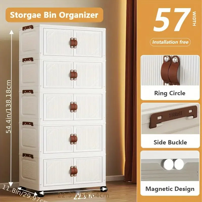 Multi-layer Foldable Double Door Plastic Storage Cabinet with Wheels - Large Capacity Organizer for Bedroom Living Room Kitchen