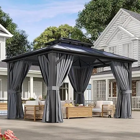 10'x12' Hardtop Gazebo, Aluminum Frame Permanent Pavilion with Curtains and Netting, Outdoor Polycarbonate Double Roof Canopy,