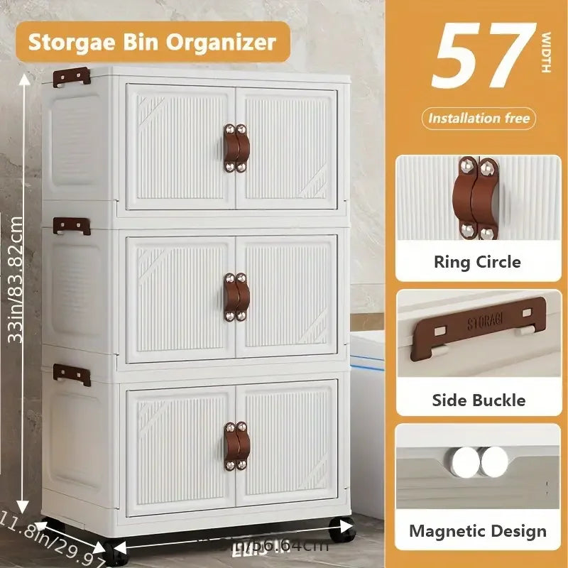 Multi-layer Foldable Double Door Plastic Storage Cabinet with Wheels - Large Capacity Organizer for Bedroom Living Room Kitchen