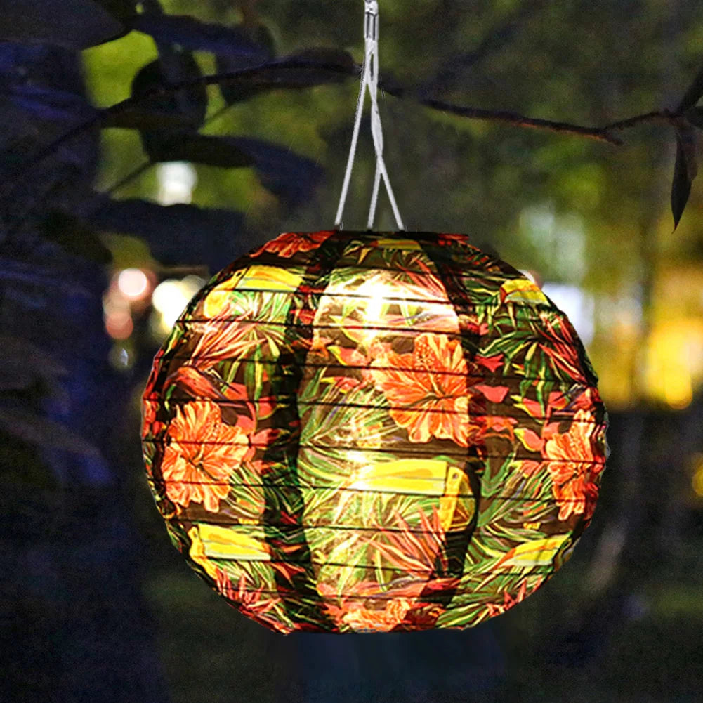 Chinese Round Hanging Lamp, Solar Printed Lantern, Waterproof Nylon LED Light, Outdoor Garden Party Decoration, 12"