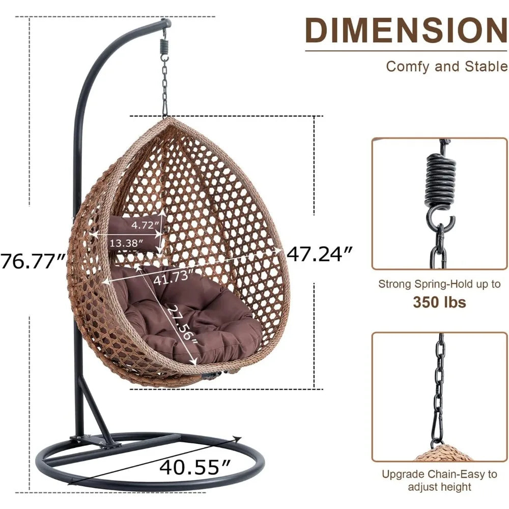 Standing vine hanging egg swing chair, foldable basket indoor or outdoor, cushion and pillow relaxation swing chair