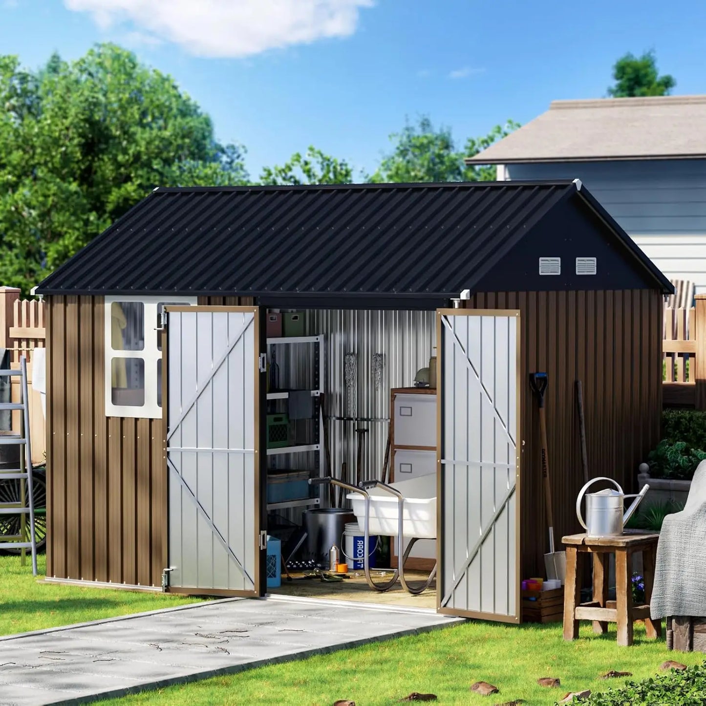 10X8FT Outdoor Steel Storage Shed with Lockable Doors, One Window,Ideal for Garden, Backyard, Patio Storage