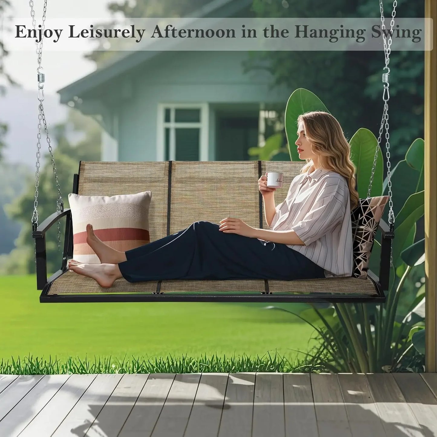 3 Seat Hanging Swing, 5.2FT Patio Bench Swing, 660lbs Heavy Duty Outdoor Porch Swing with Hanging Chains for Courtyard,