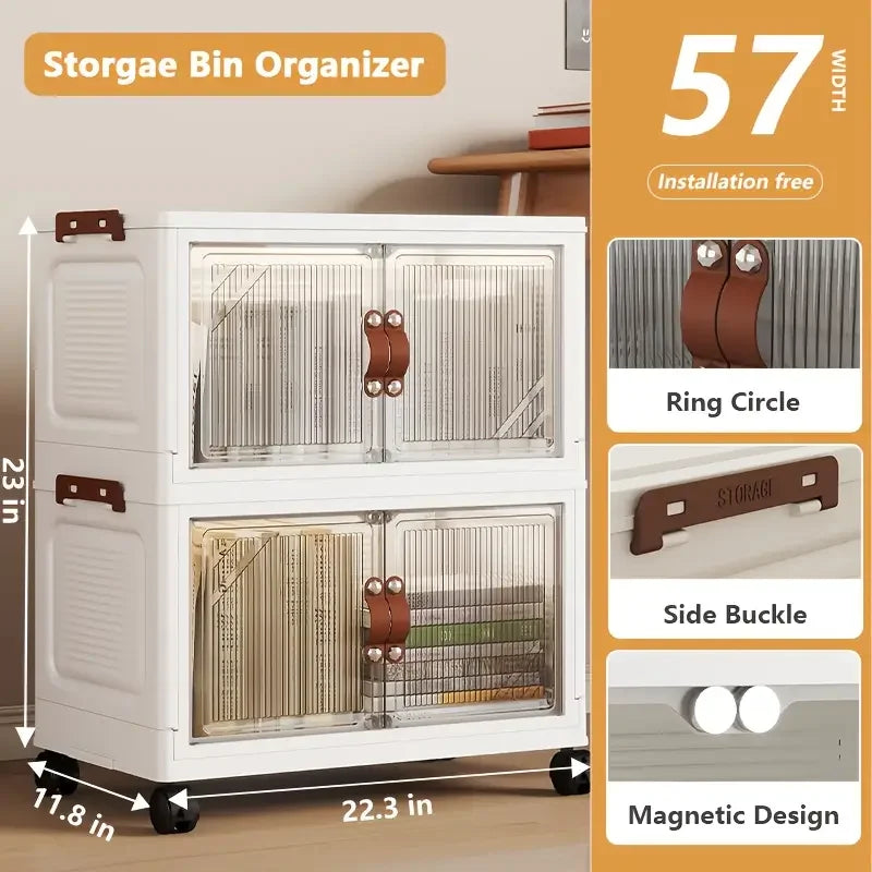 Multi-layer Foldable Double Door Plastic Storage Cabinet with Wheels - Large Capacity Organizer for Bedroom Living Room Kitchen