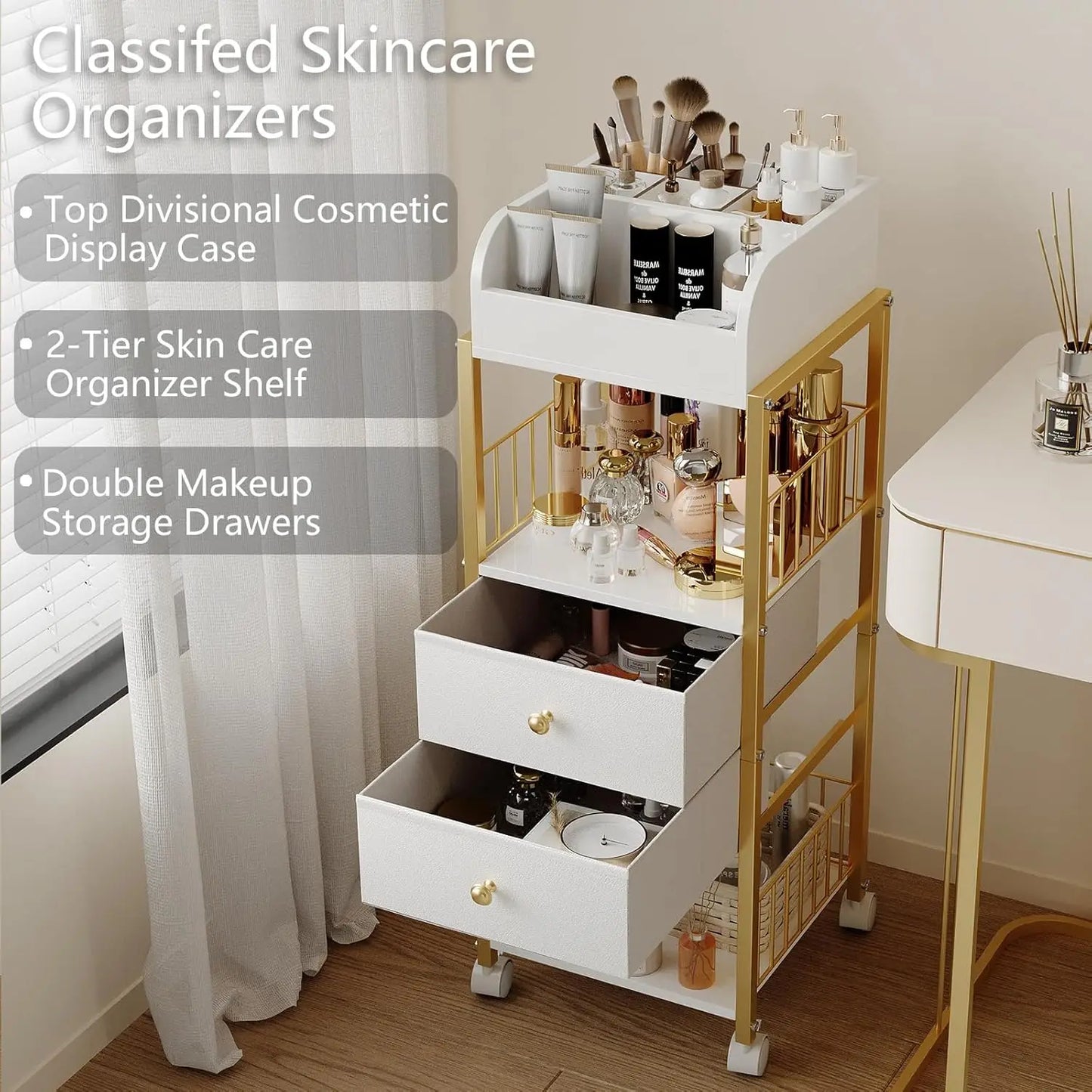 Makeup Organizer Storage Cart, Large Skincare organizers, Makeup Stand with Drawers, Makeup Vanity Organizer Cosmetics Display