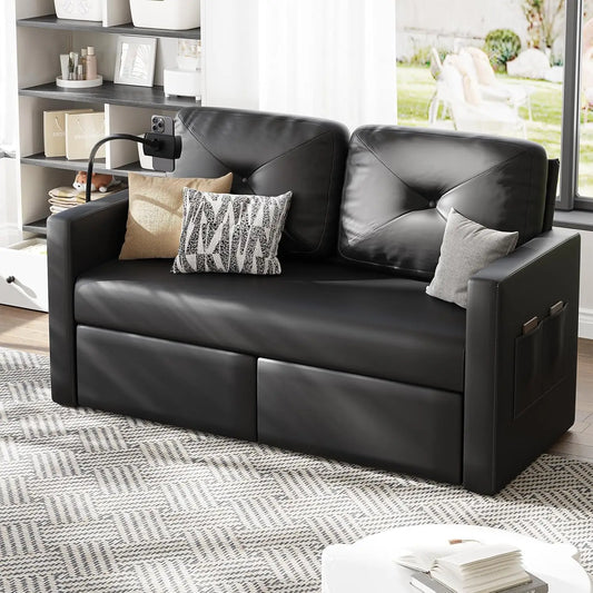 Vabches Leather Loveseat Sofa 2-Seater Sofa with Charging Ports&Storage Comfy Solid Wooden Frame Couches for Living Room Bedroom