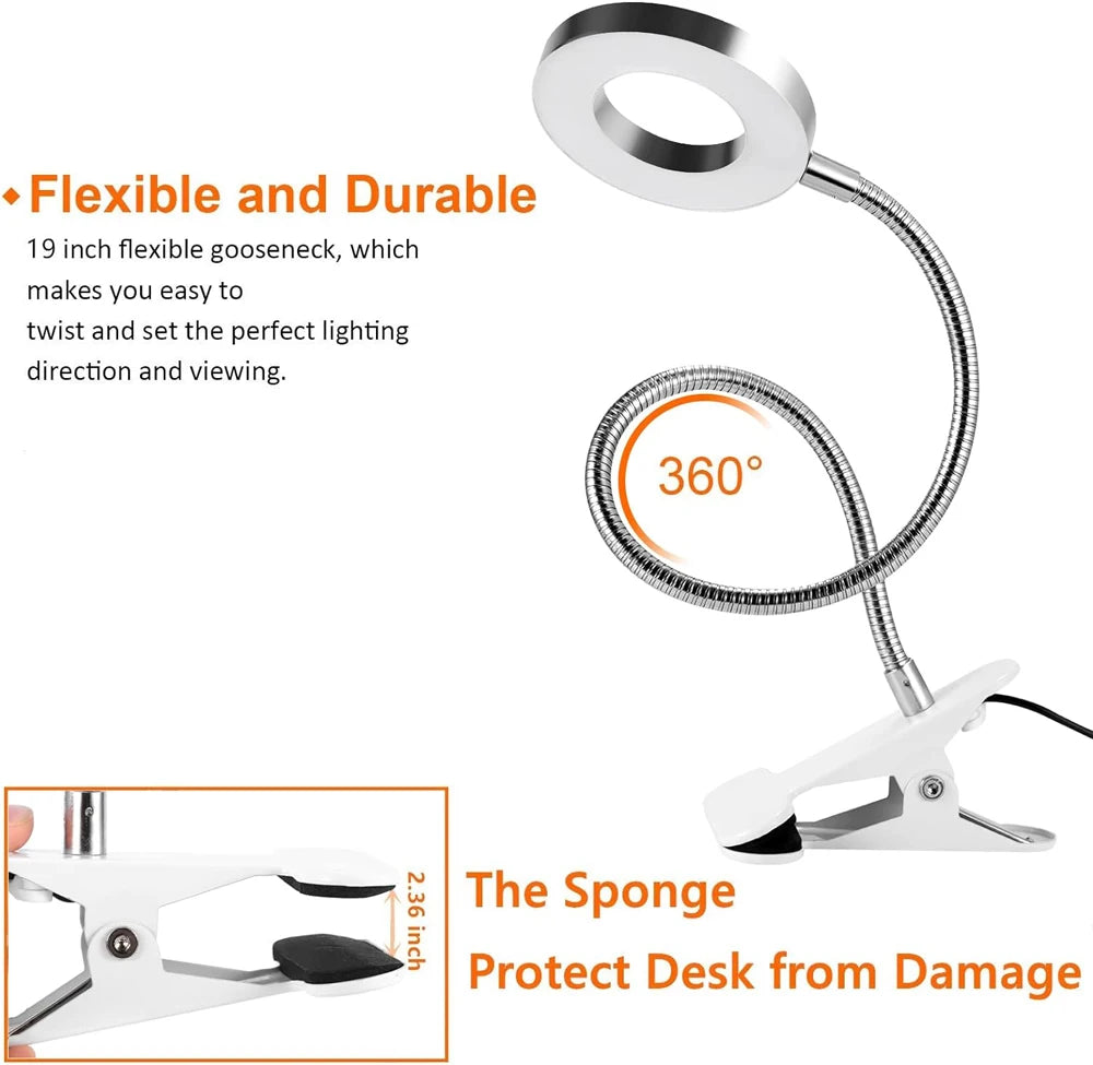 LED Reading Lights 360°Flexible Gooseneck Dimmable Table Lamp Clip On Indoor Bedroom Eye Protection Desk Light Book Clamp Lamp