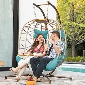 Double Egg Chair Outdoor Indoor, Oversized 2 Person Swing with Stand, All-Weather Wicker Hanging Loveseat, 700 LBS Heavy Duty P