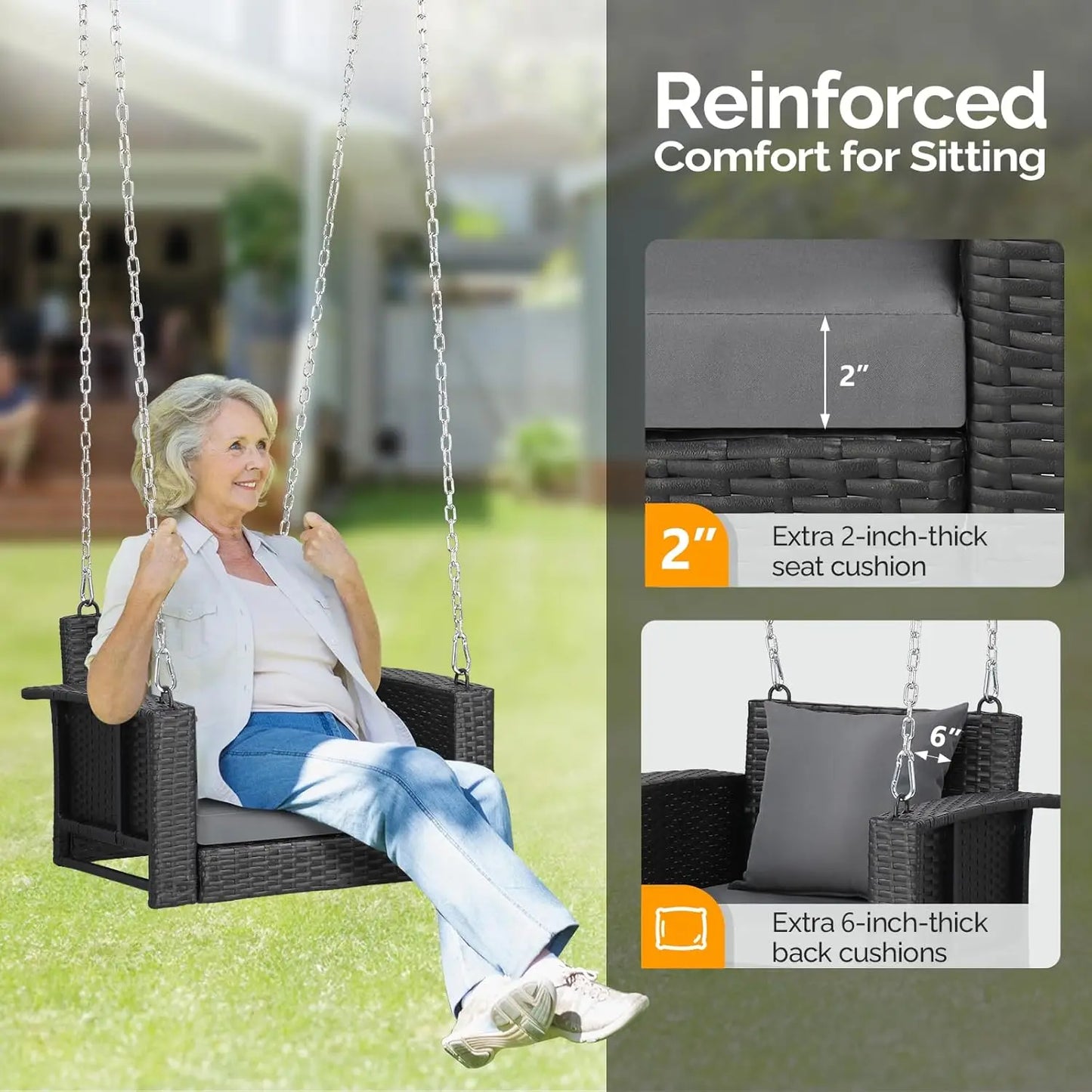 2.2 FT 1-Person Use Rattan Porch Swing Outdoor Support 440 LBS with Cushions&Adjustable Chains, Patio Wicker Swing Bench Chair