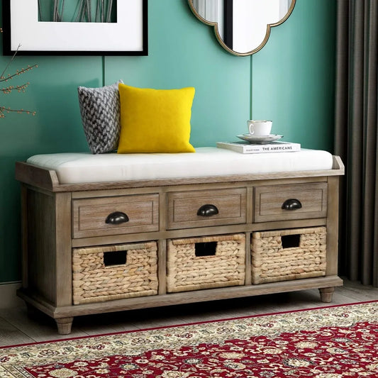 SOFTSEA Wood Storage Bench with 3 Drawers, 3 Rattan Baskets, Rattan Entryway Bench with Removable Cushion Home Organizer Bench(W