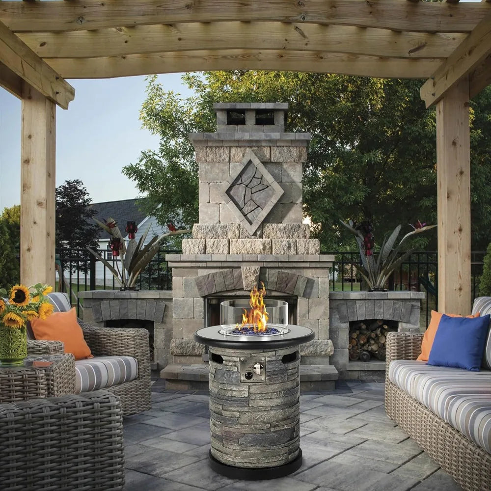 Outdoor Gas Propane Fire Pit Table, Round Porcelain Tile Top 22" Fire Bowl Column W/ 40,000 BTU Firepit Table Auto-Ignition 400D