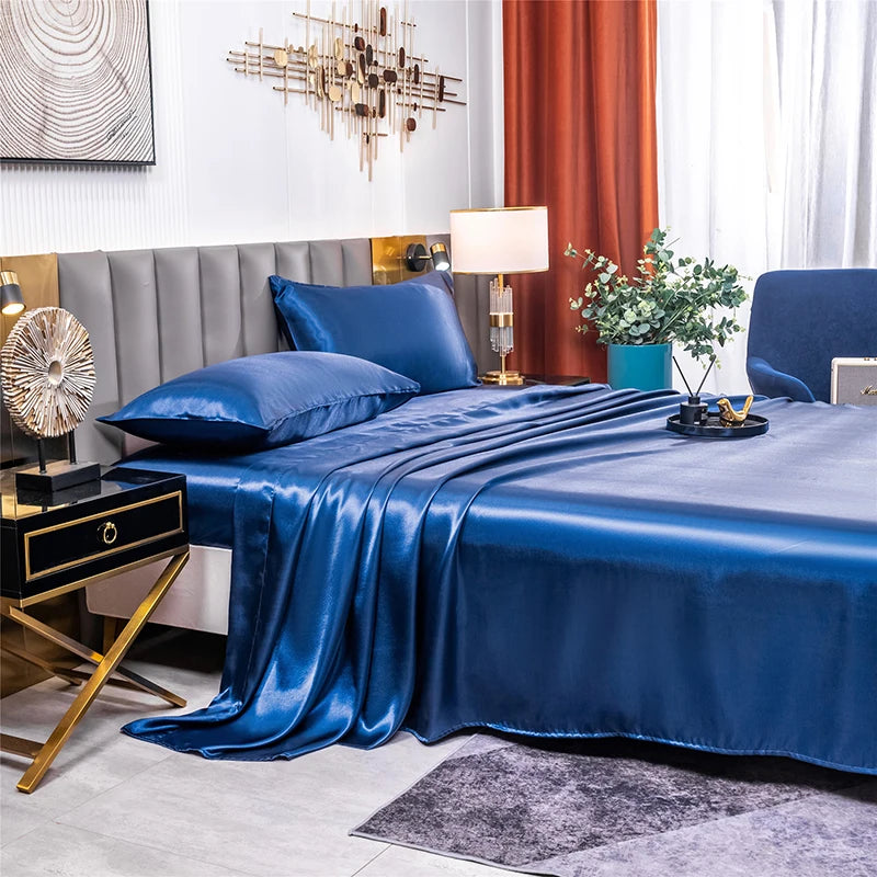 Home Living Luxury Smooth 3pcs Bedding Sets Solid Satin Pillow Case Flat Seet Fitted Sheet King Size Bedding Sets For Bedroom