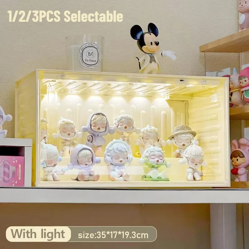 3PCS Actione Figures Display Box with Sensor Light Stackable Organizer for Collectibles Mini Figurines Durable Display Cabinet