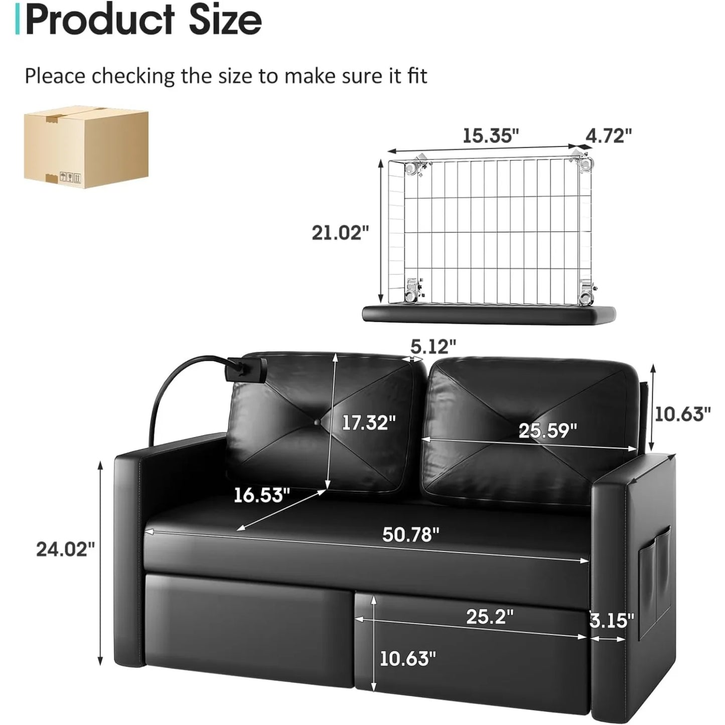 Vabches Leather Loveseat Sofa 2-Seater Sofa with Charging Ports&Storage Comfy Solid Wooden Frame Couches for Living Room Bedroom
