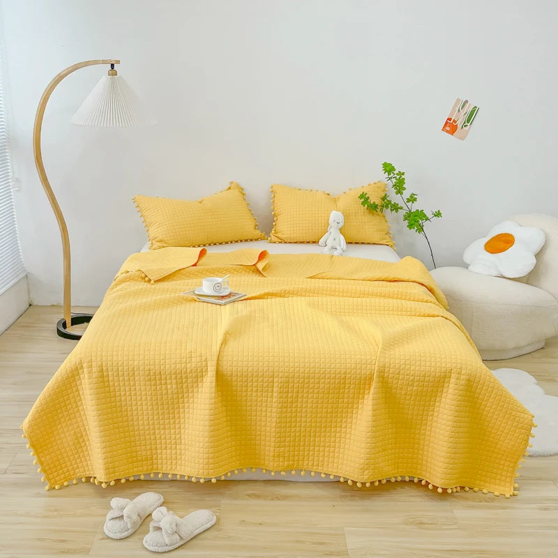 INS Style White Ball Edge Quilted Quilt Blanket Bedspread Washed Solid Color Korean Princess Style Summer Thin Quilt 1/3Pc